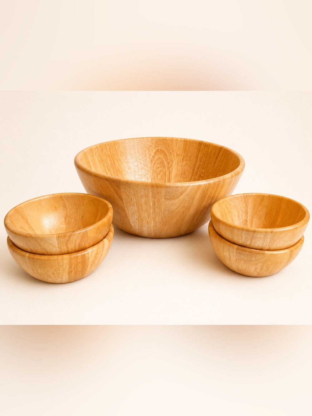 5 Pc Wooden Salad Bowl Set Large Serving Bowl & 4 Matching Bowls